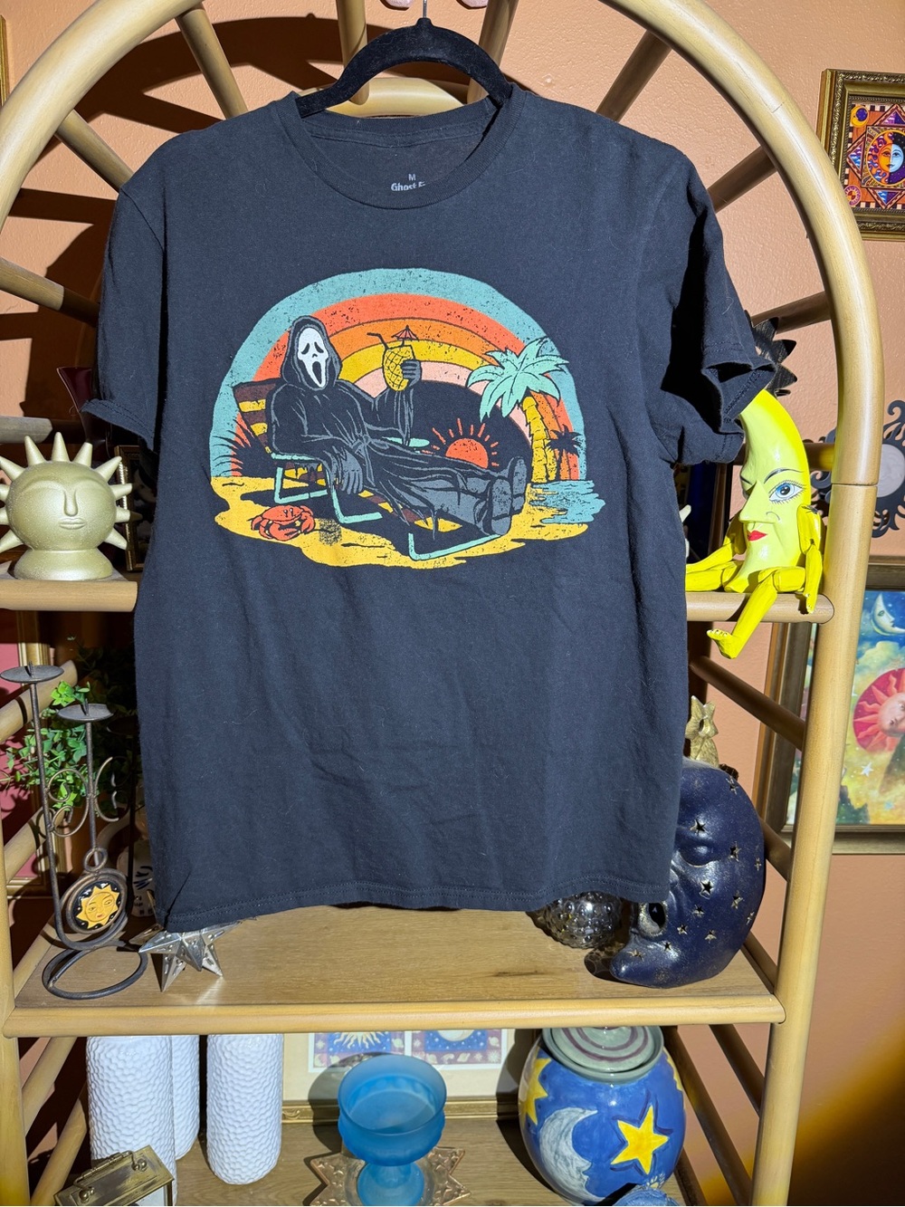 Black Graphic Short-Sleeve Tee with Retro Beach Grim Reaper Print